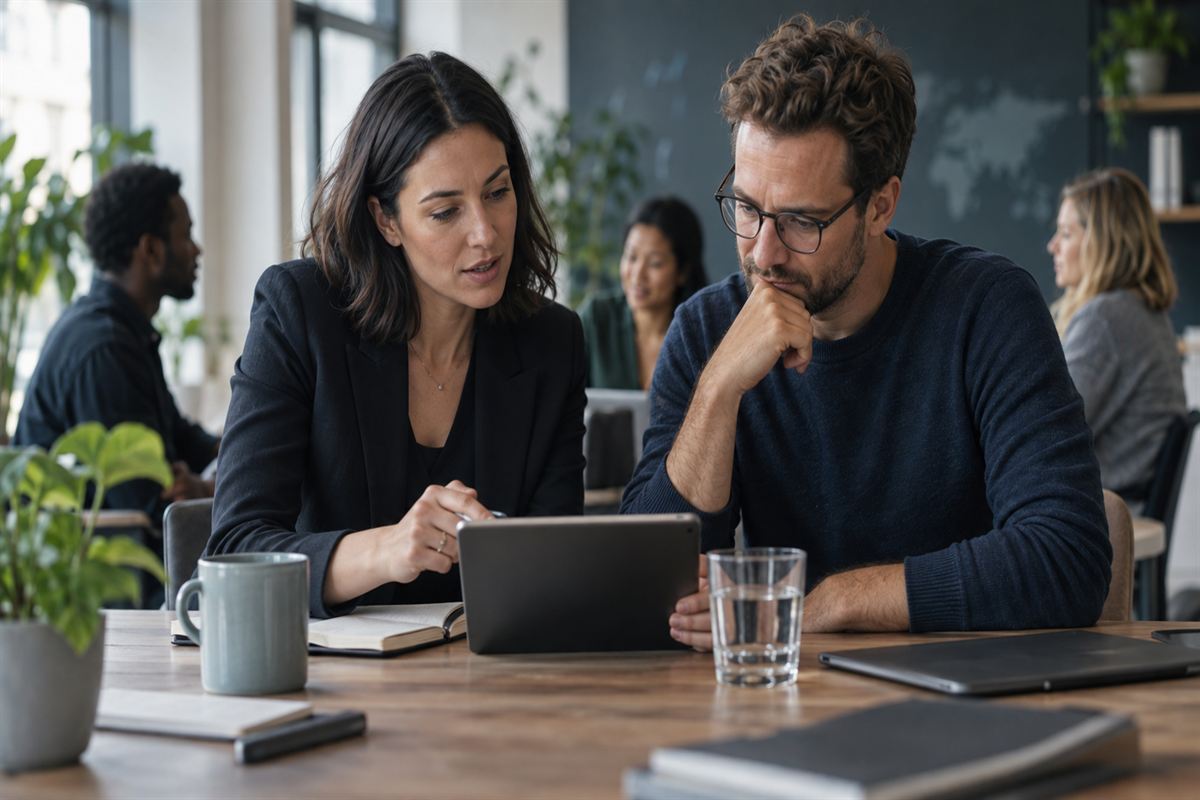 A founder and recruiter plan hiring needs with a tablet