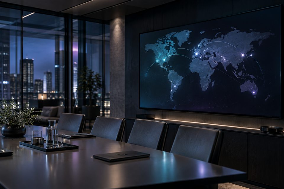 World map on a screen in a modern office, representing hiring across regions