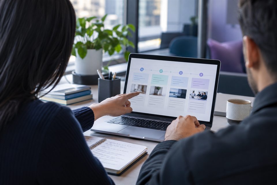 Colleagues reviewing an onboarding plan together at a laptop