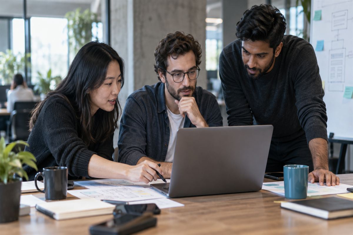 Three product specialists collaborate around a laptop