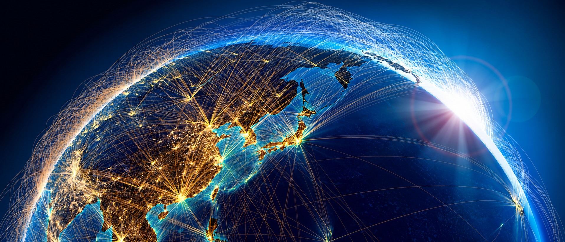 A glowing network of connections surrounding the curve of Earth